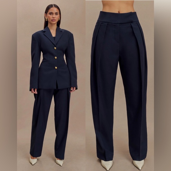 Meshki Pants - Meshki | Penelope Pleated High Waisted Pants - Dark Navy Size: Small